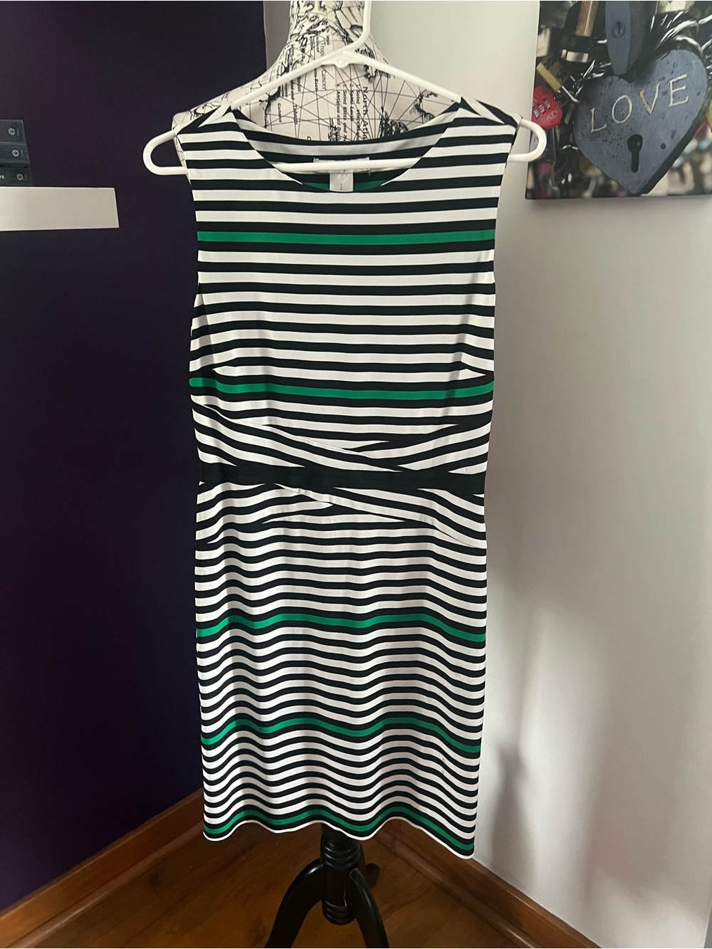 Laundry by Design Black, White & Green Striped Sleeveless Midi Dress
